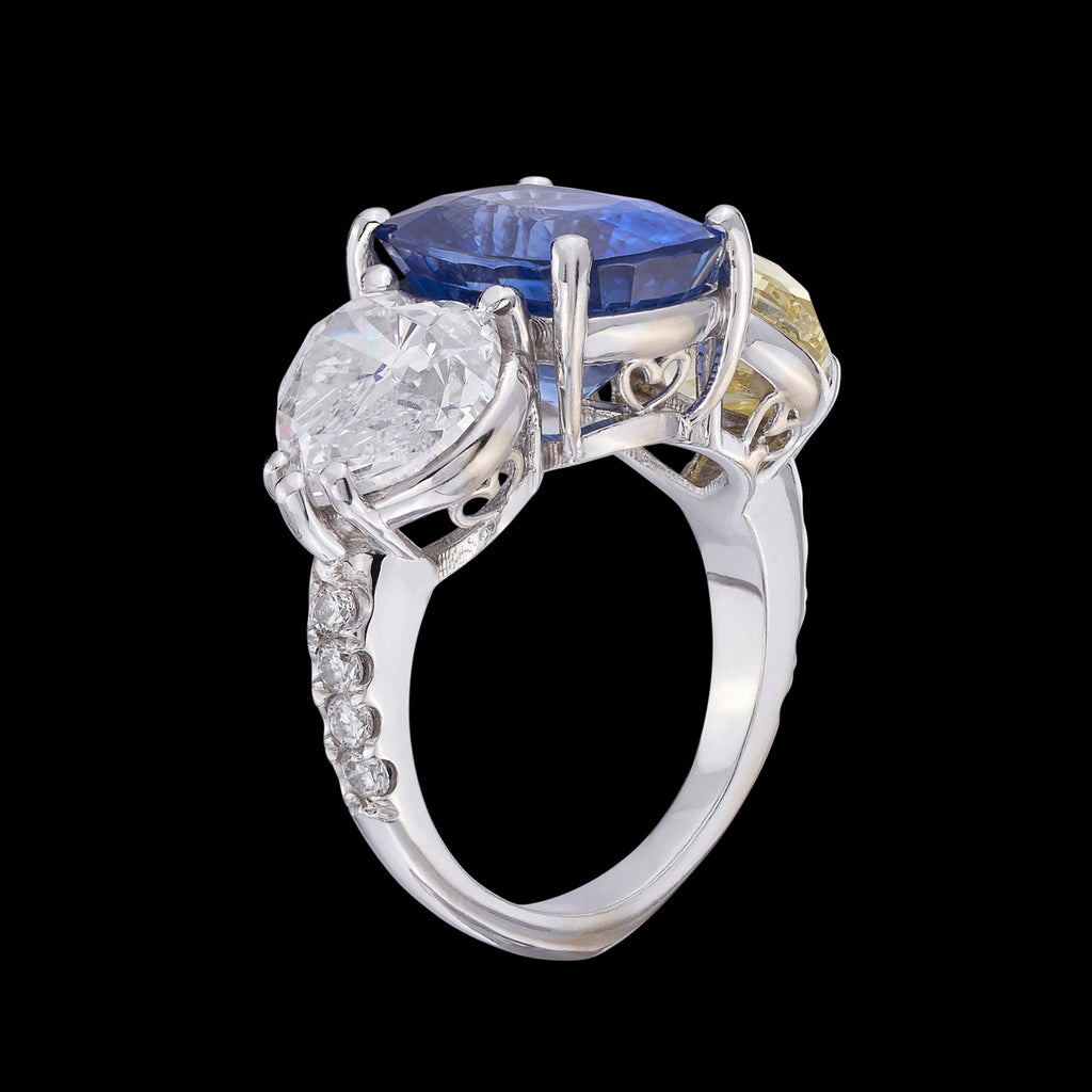 Spectacular Custom Sapphire ,Yellow & White Heart Diamond Ring