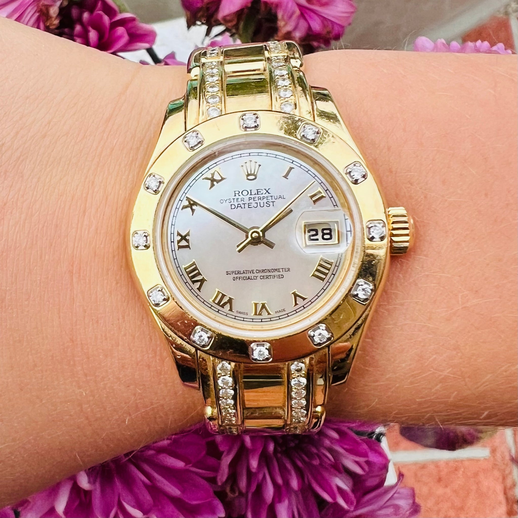 Rolex 18k Yellow Gold Woman's Datejust Pearlmaster Wristwatch