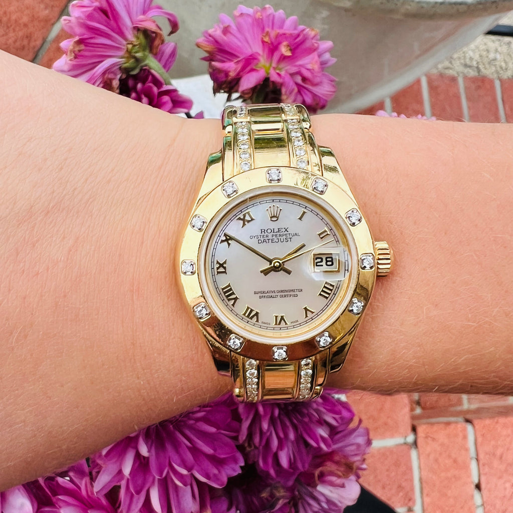 Rolex 18k Yellow Gold Woman's Datejust Pearlmaster Wristwatch