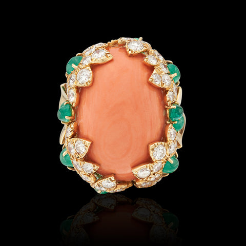 David Webb Coral, Diamond & Emerald Ring