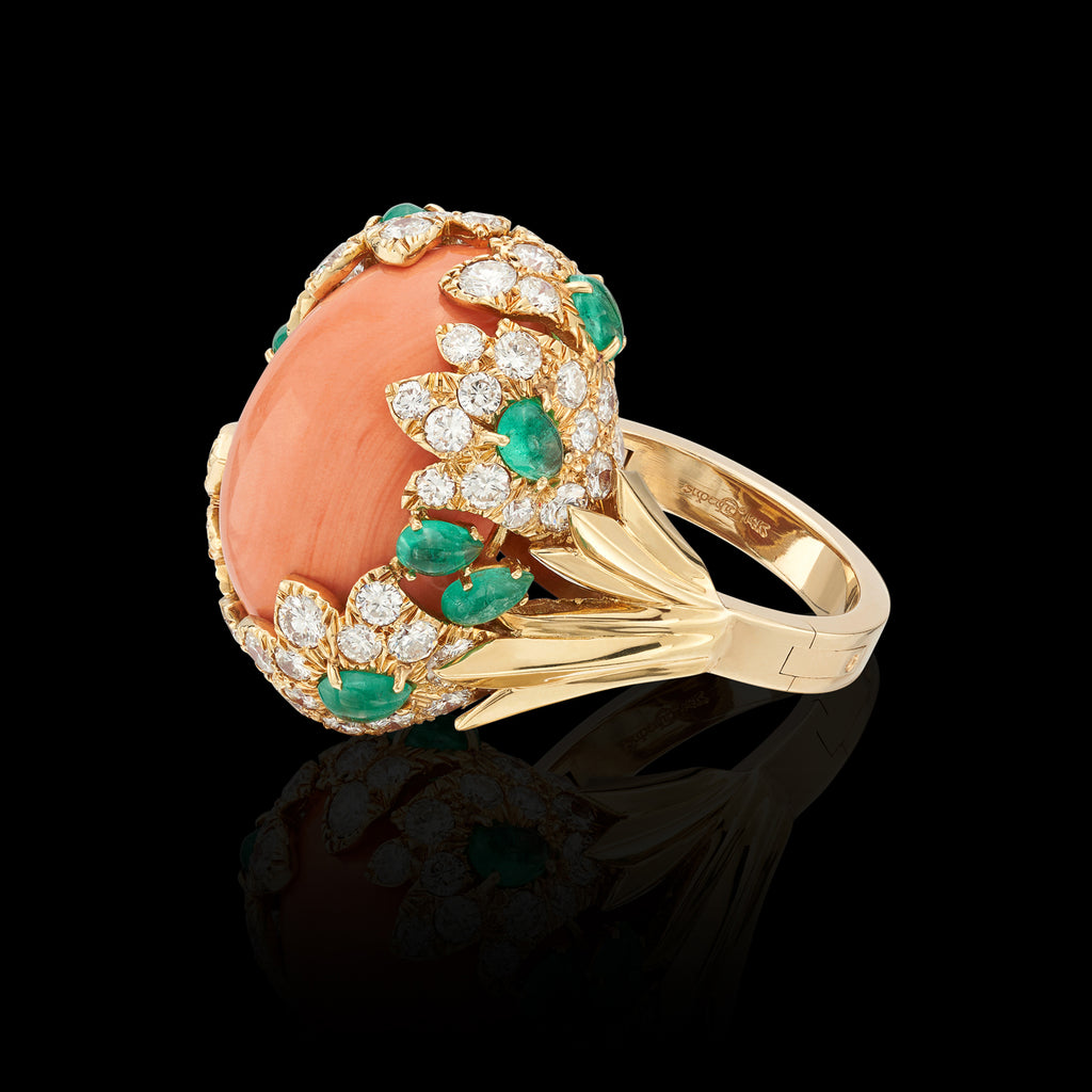 David Webb Coral, Diamond & Emerald Ring