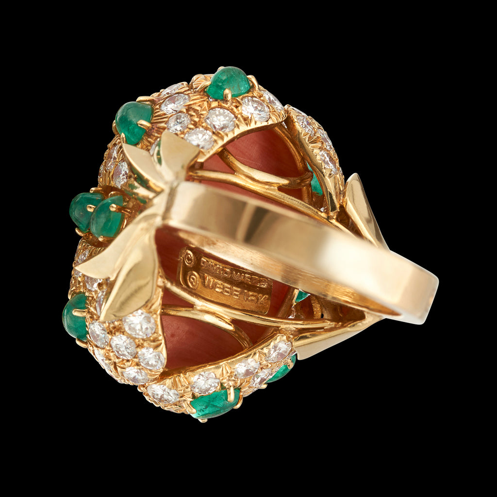 David Webb Coral, Diamond & Emerald Ring