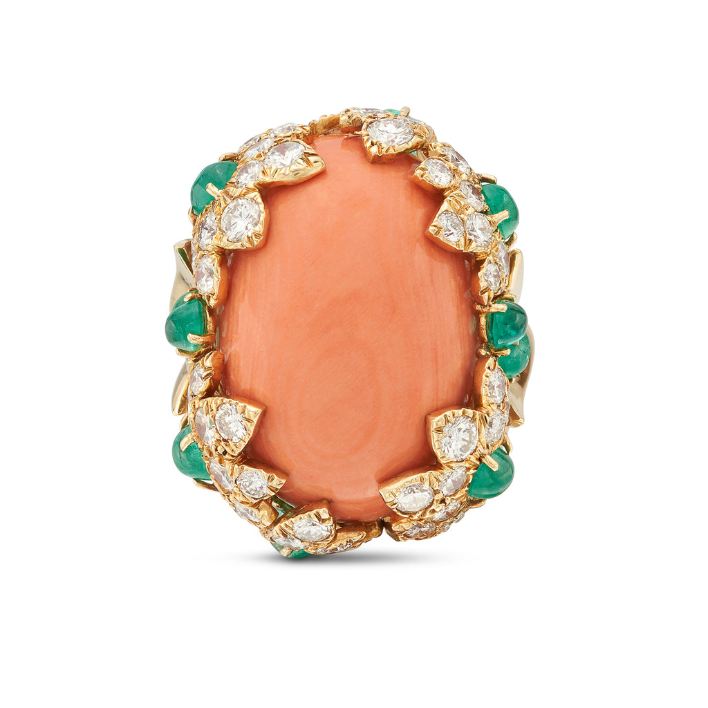 David Webb Coral, Diamond & Emerald Ring