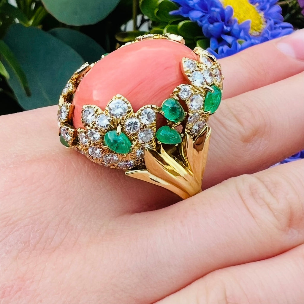 David Webb Coral, Diamond & Emerald Ring