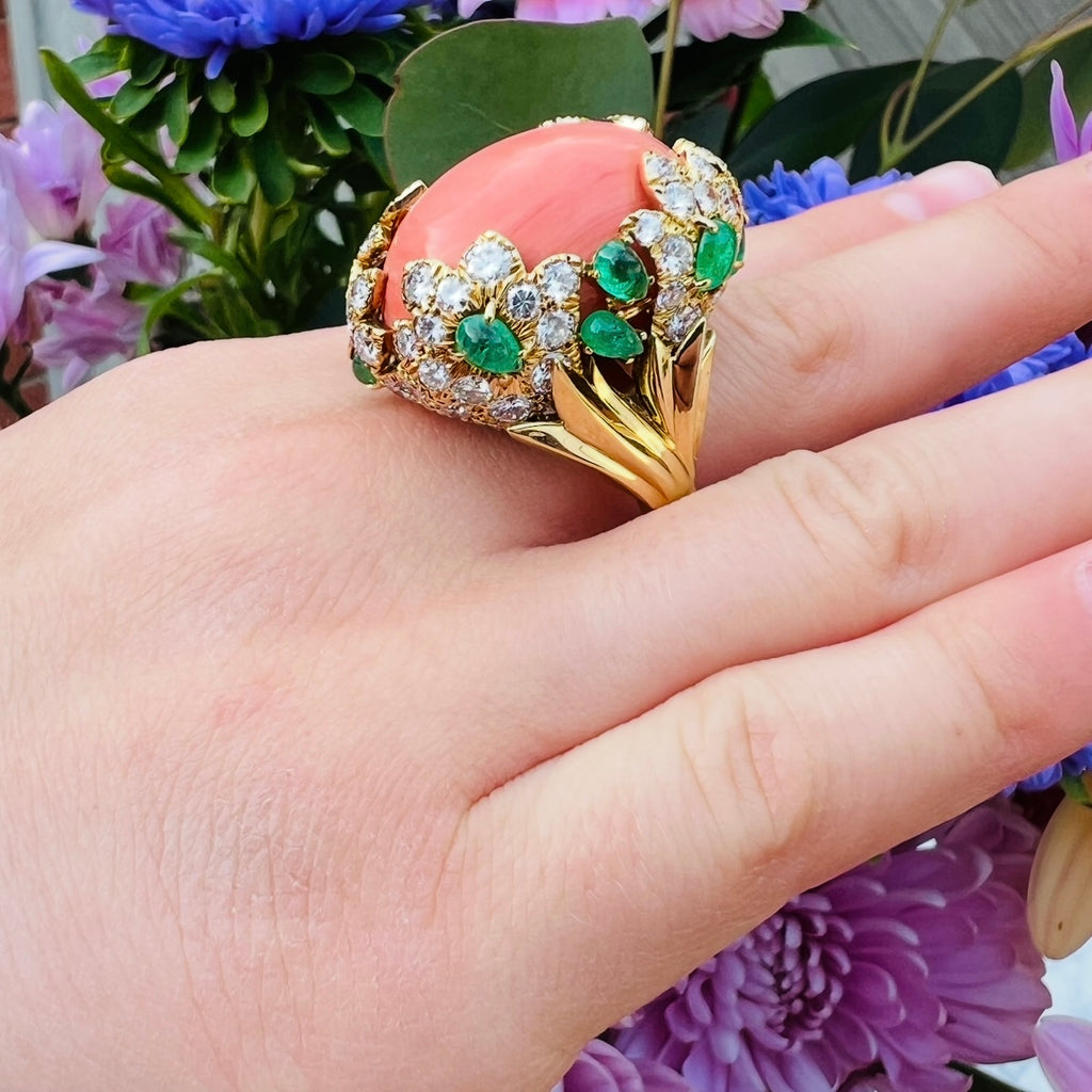 David Webb Coral, Diamond & Emerald Ring