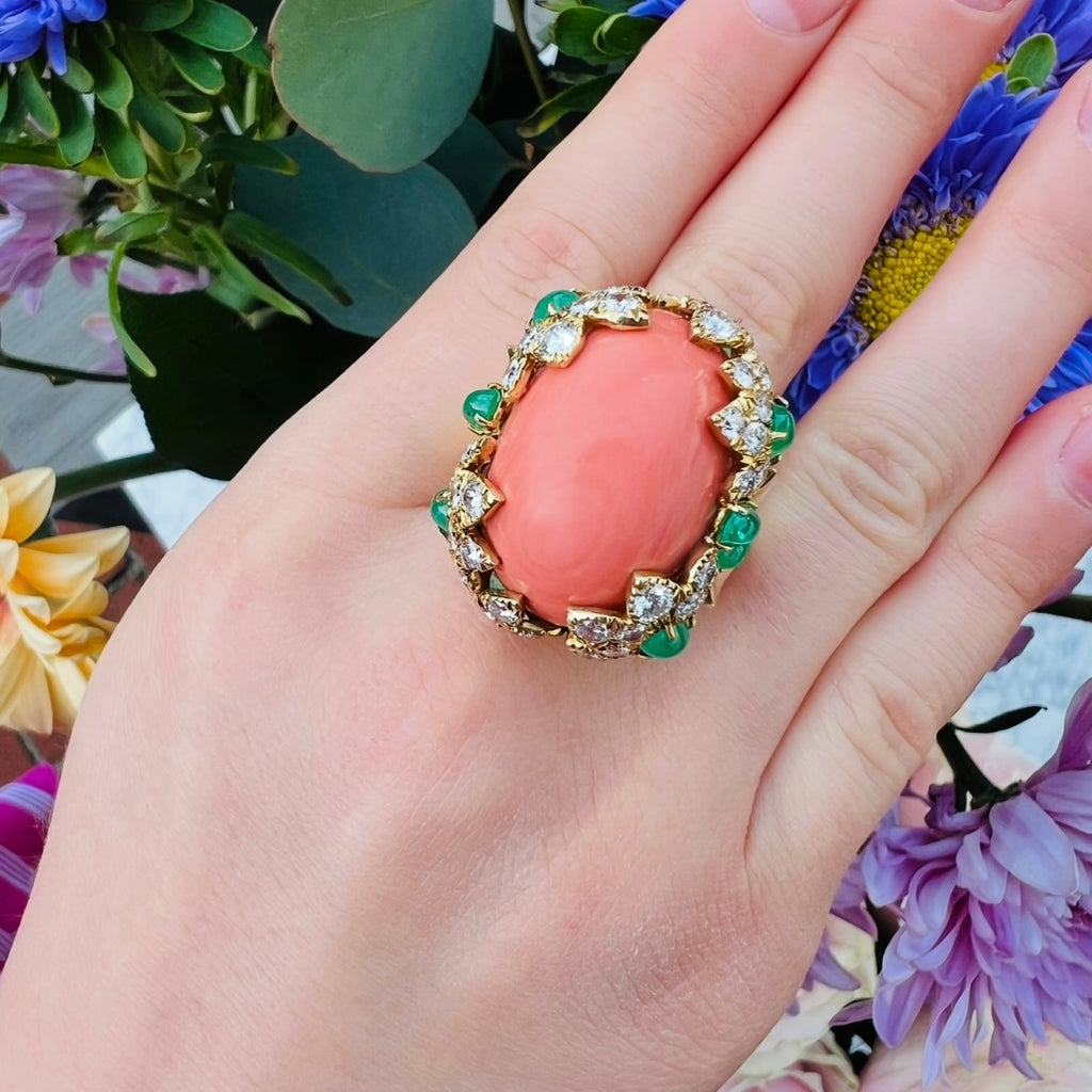 David Webb Coral, Diamond & Emerald Ring