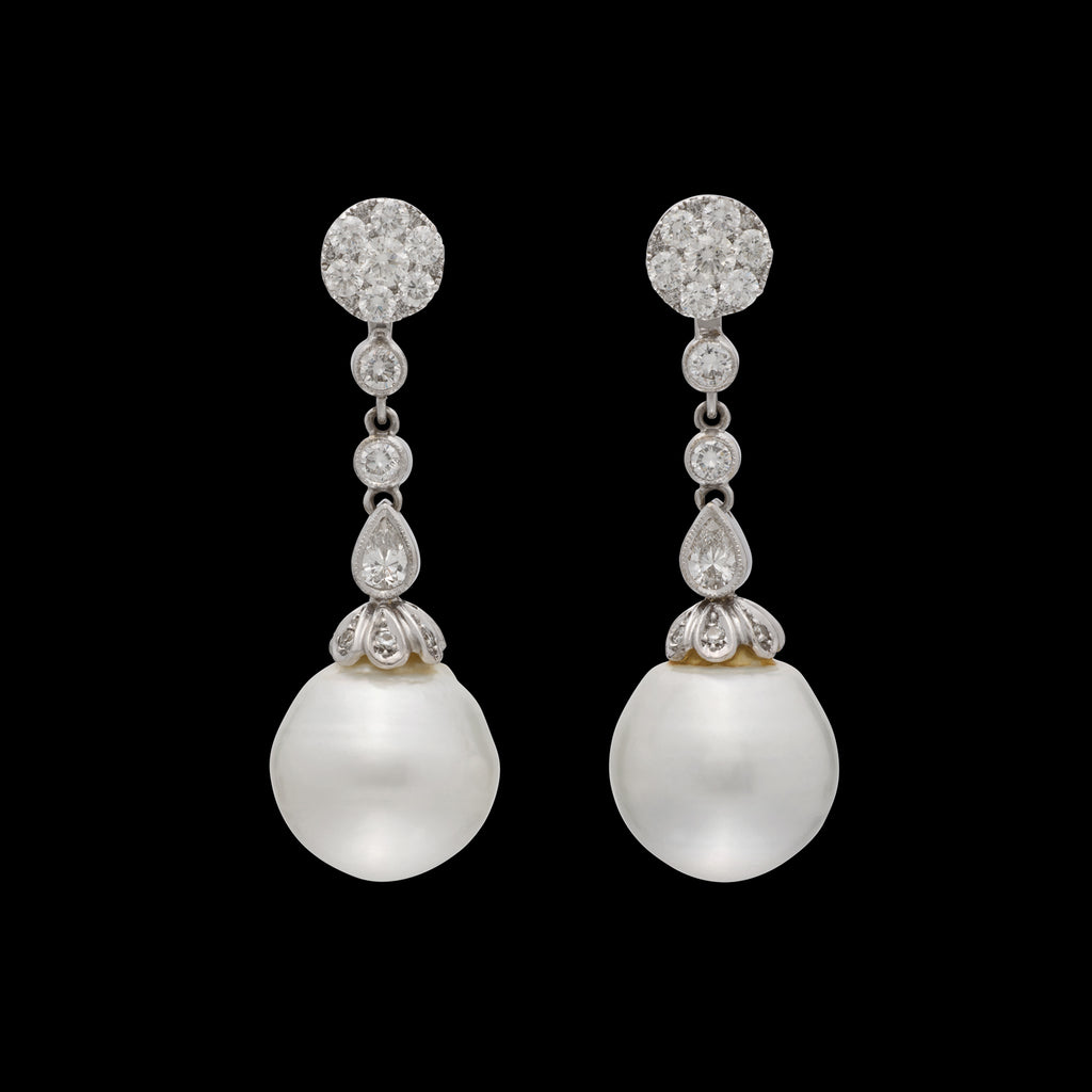 White Gold Pearl & Diamond Drop Earrings