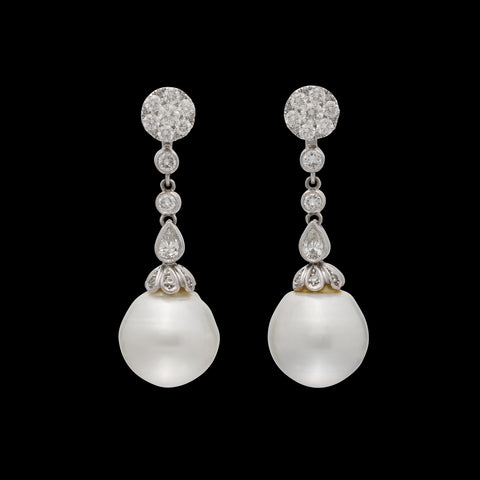 White Gold Pearl & Diamond Drop Earrings