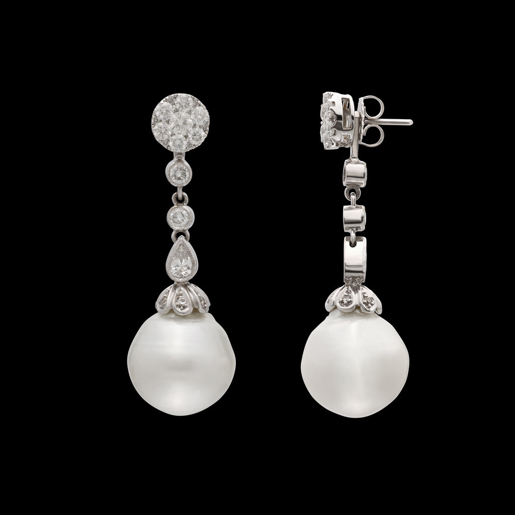 White Gold Pearl & Diamond Drop Earrings