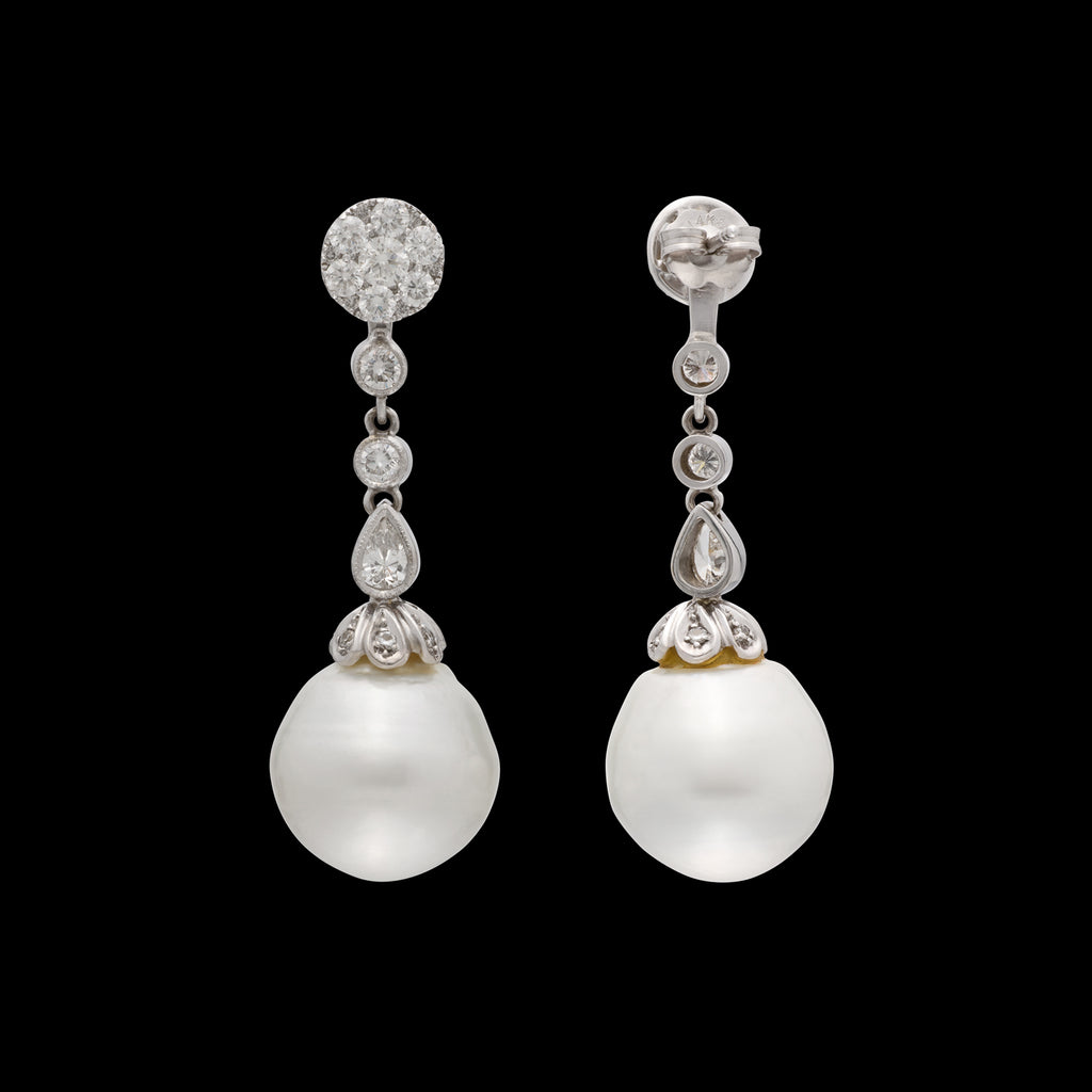 White Gold Pearl & Diamond Drop Earrings
