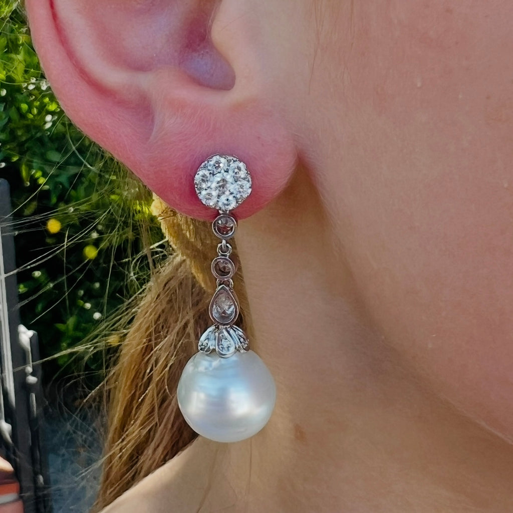 White Gold Pearl & Diamond Drop Earrings