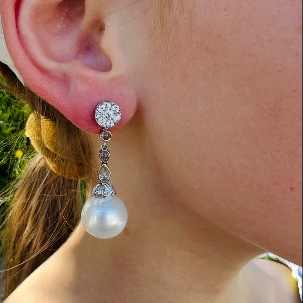 White Gold Pearl & Diamond Drop Earrings