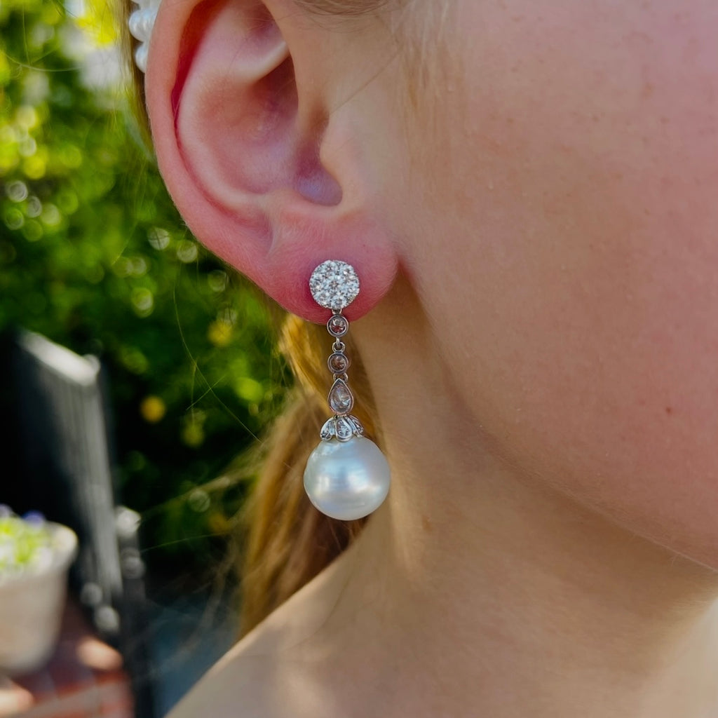 White Gold Pearl & Diamond Drop Earrings