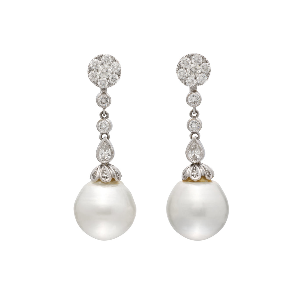 White Gold Pearl & Diamond Drop Earrings