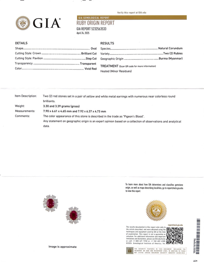 Gorgeous GIA Burma Pigeon's Blood Ruby & Diamond Earrings
