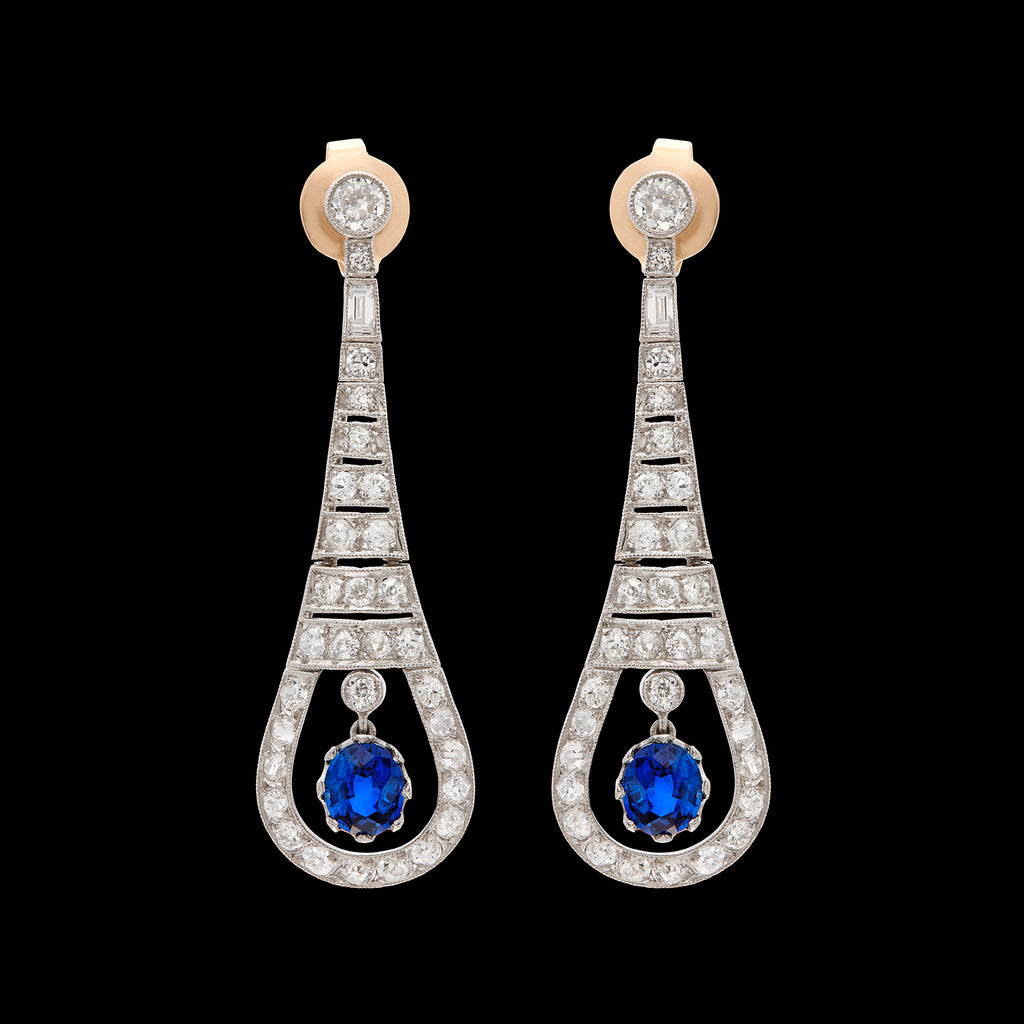 Art Deco Style Diamond & Sapphire Drop Earrings