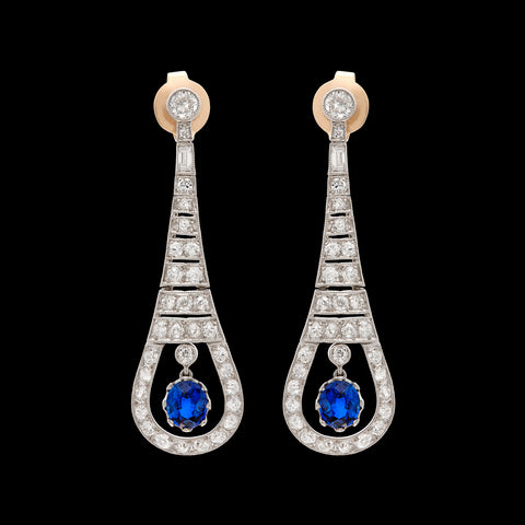 Art Deco Style Diamond & Sapphire Drop Earrings