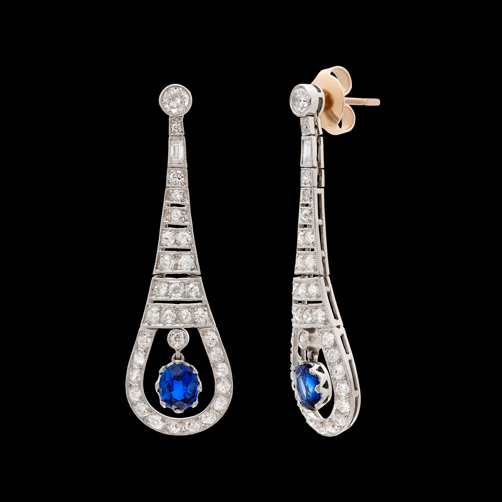Art Deco Style Diamond & Sapphire Drop Earrings
