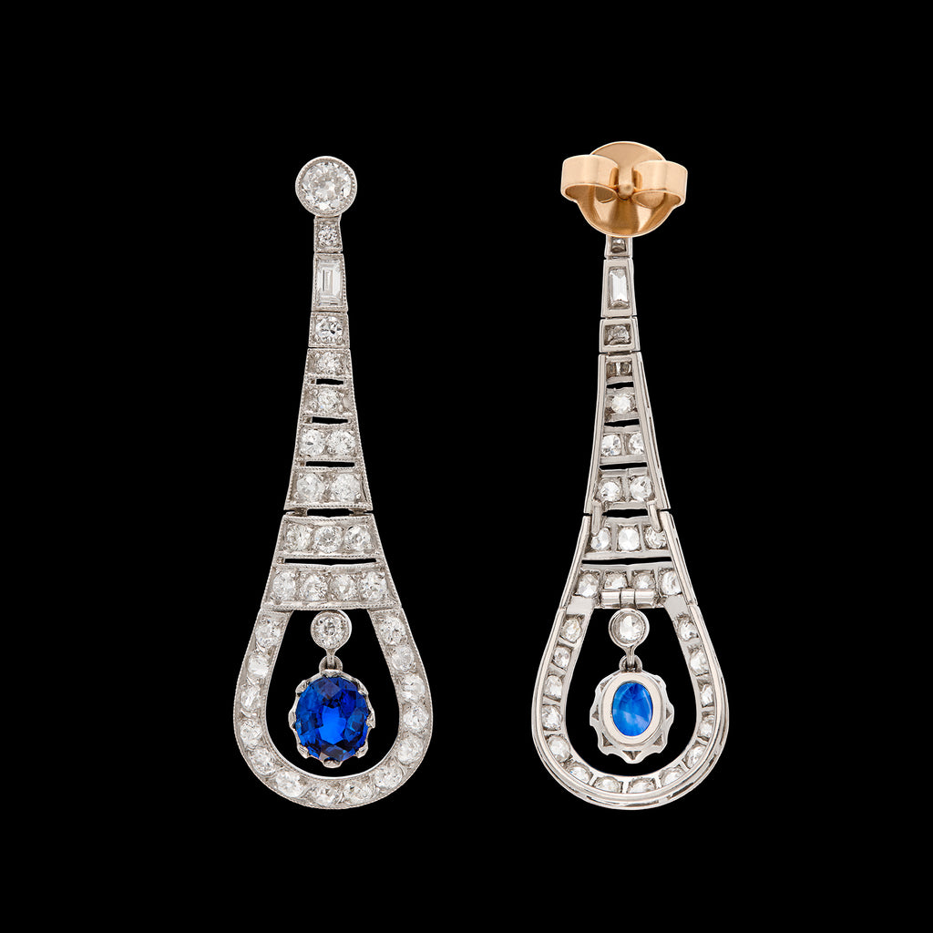 Art Deco Style Diamond & Sapphire Drop Earrings