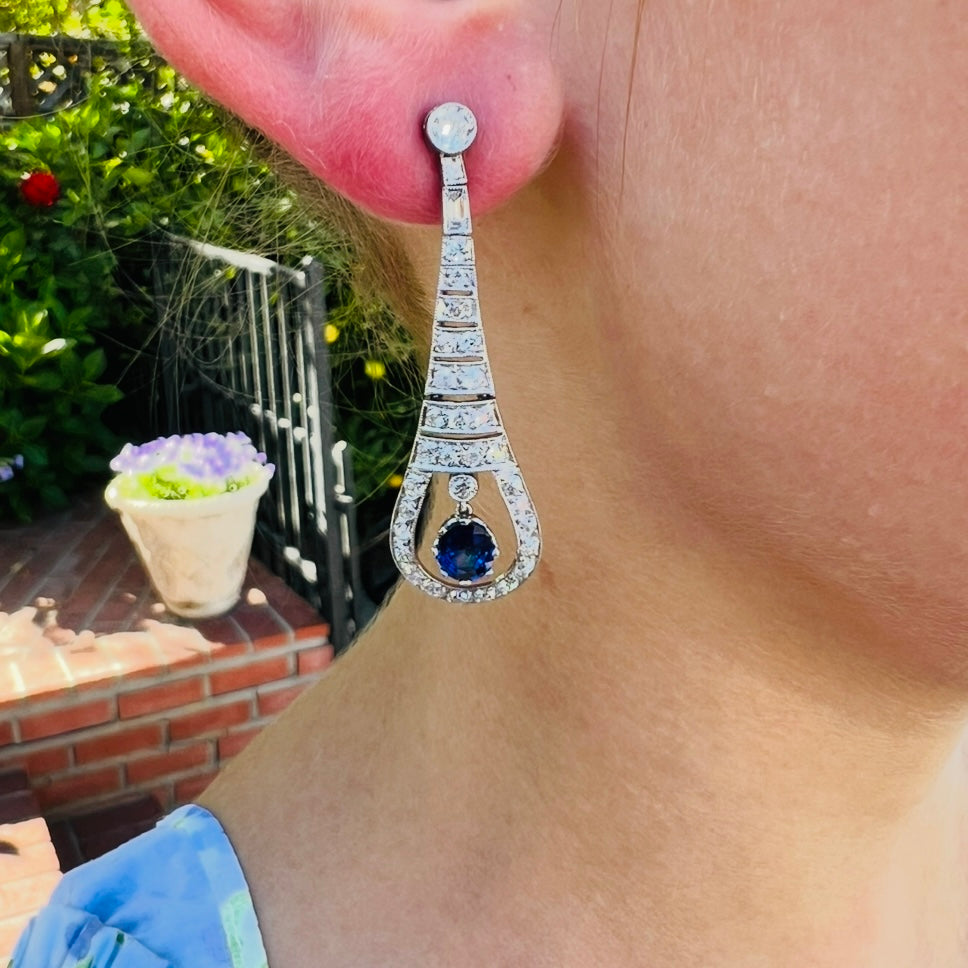 Art Deco Style Diamond & Sapphire Drop Earrings