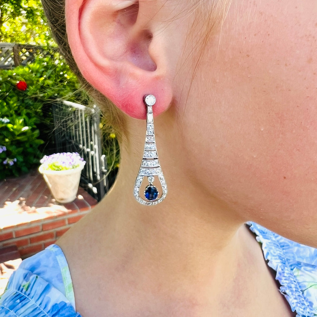 Art Deco Style Diamond & Sapphire Drop Earrings