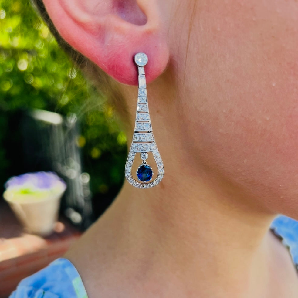 Art Deco Style Diamond & Sapphire Drop Earrings