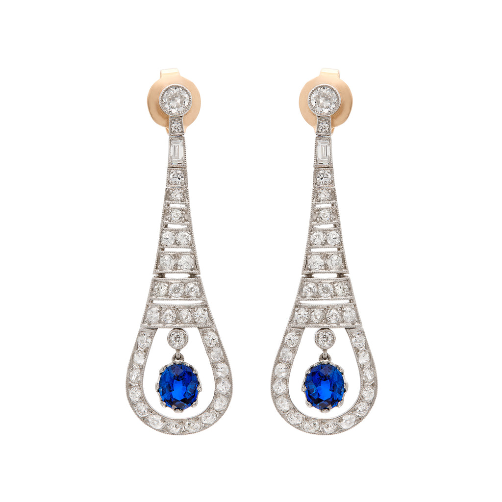 Art Deco Style Diamond & Sapphire Drop Earrings