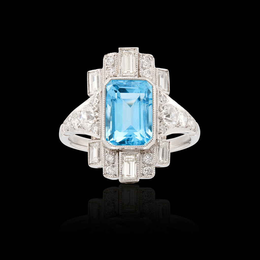 Art Deco Style Aquamarine & Diamond Ring