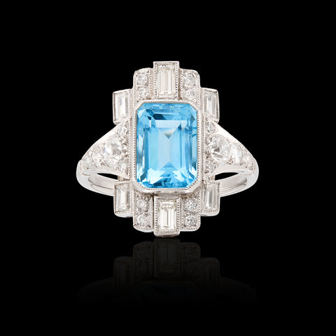 Art Deco Style Aquamarine & Diamond Ring