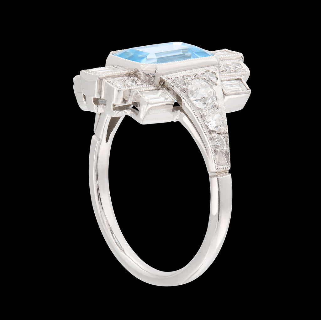 Art Deco Style Aquamarine & Diamond Ring