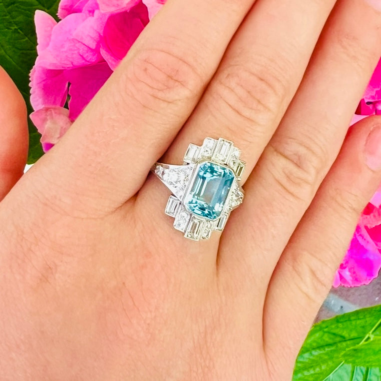 Art Deco Style Aquamarine & Diamond Ring