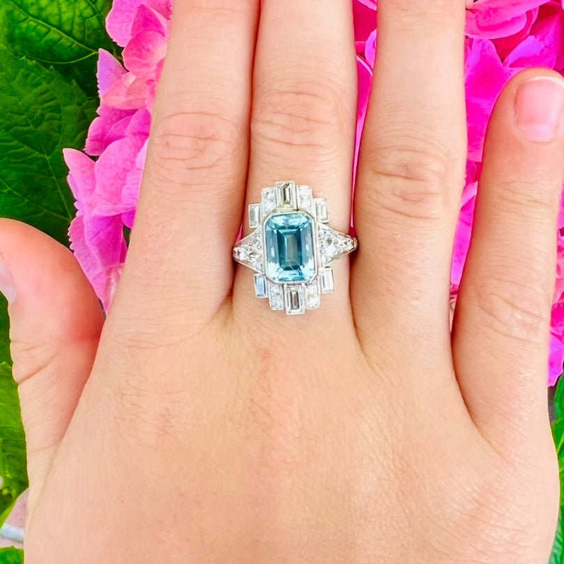 Art Deco Style Aquamarine & Diamond Ring