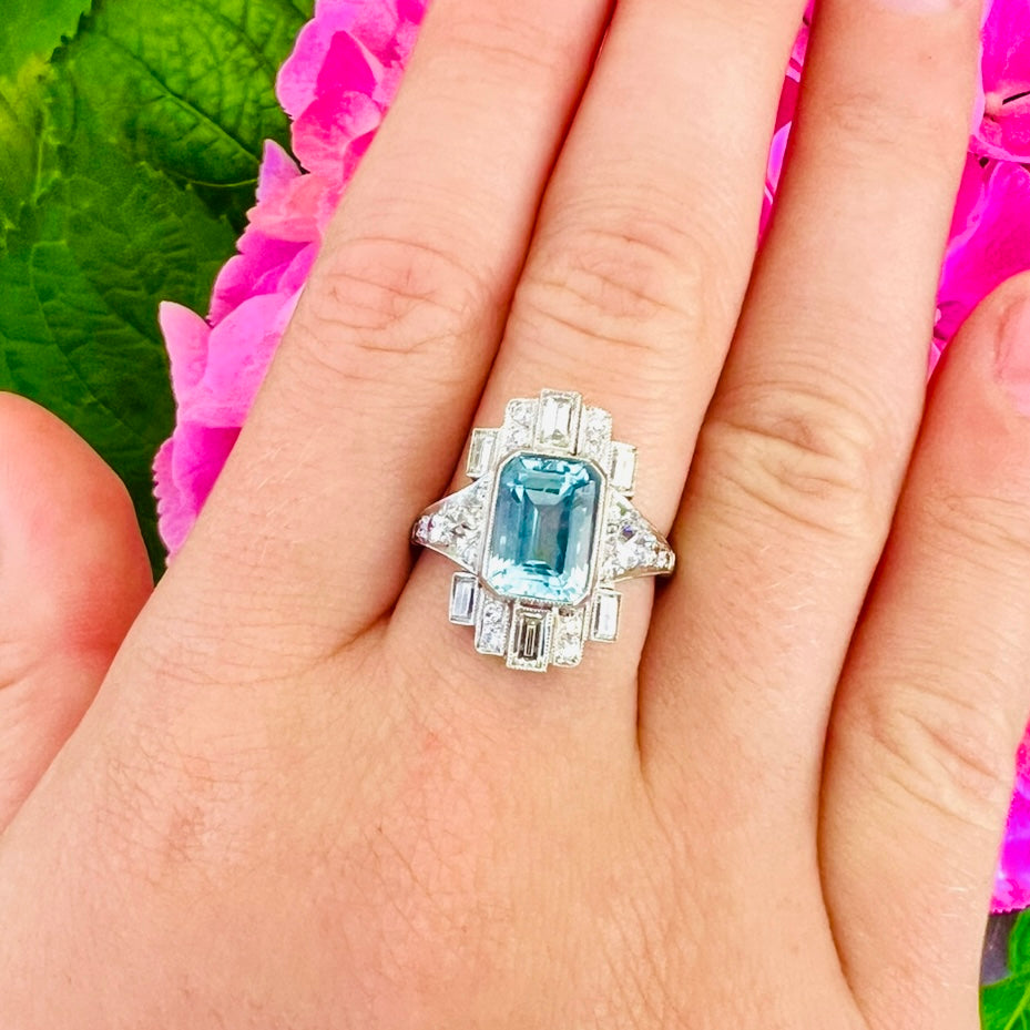 Art Deco Style Aquamarine & Diamond Ring