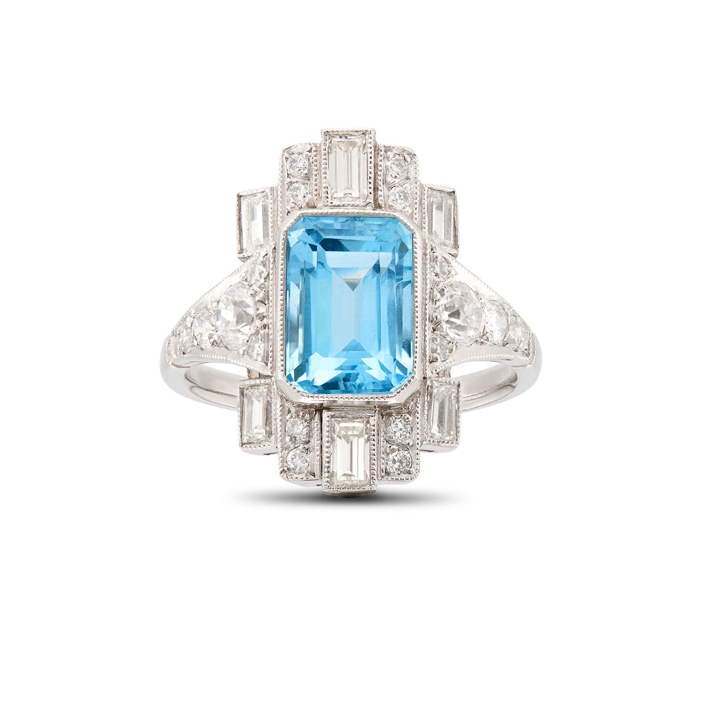 Art Deco Style Aquamarine & Diamond Ring