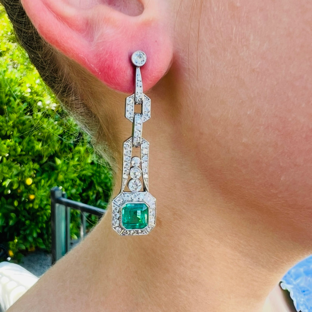 Stunning Art Deco Style Emerald & Diamond Earrings