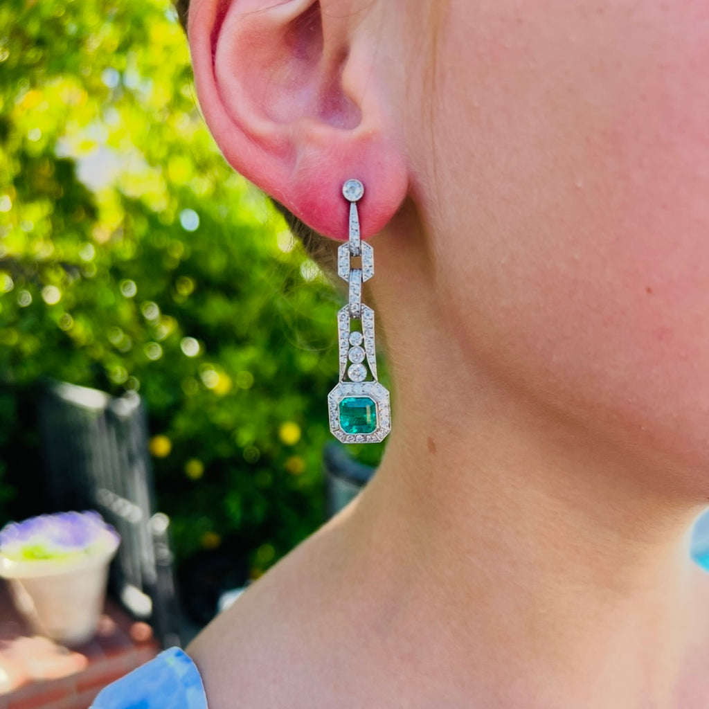Stunning Art Deco Style Emerald & Diamond Earrings