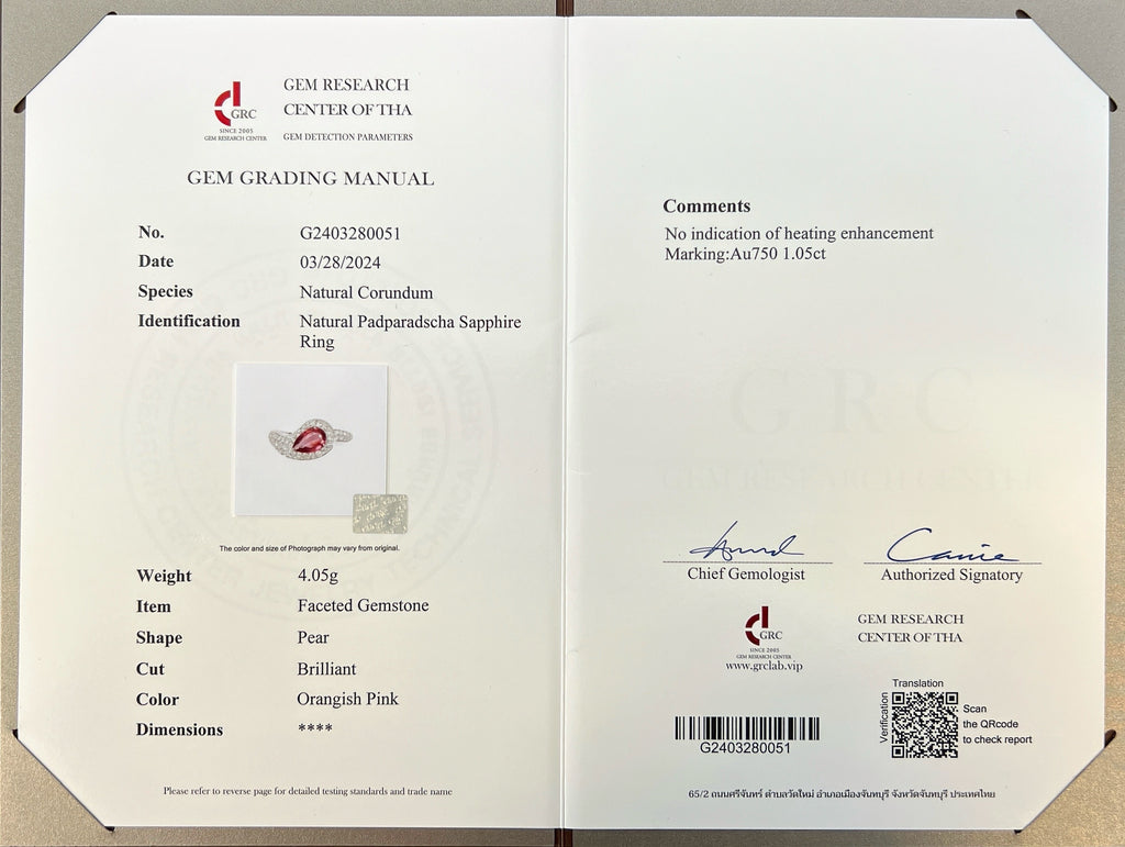 1.05-ct No Heat Padparadscha Sapphire 18k White Gold Ring