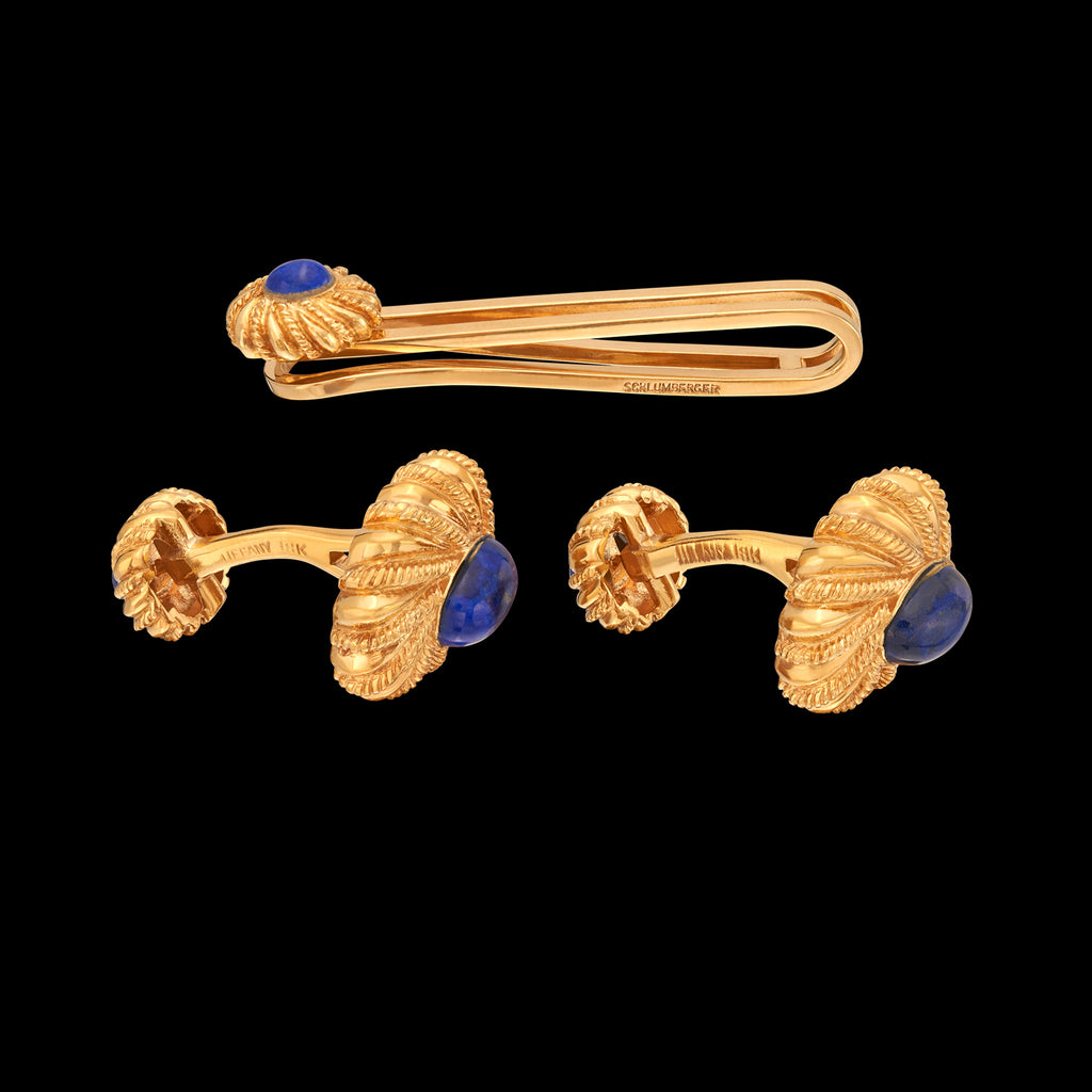 Vintage Tiffany & Co. Schlumberger 18k Gold and Lapis Cuff Links and Tie Bar