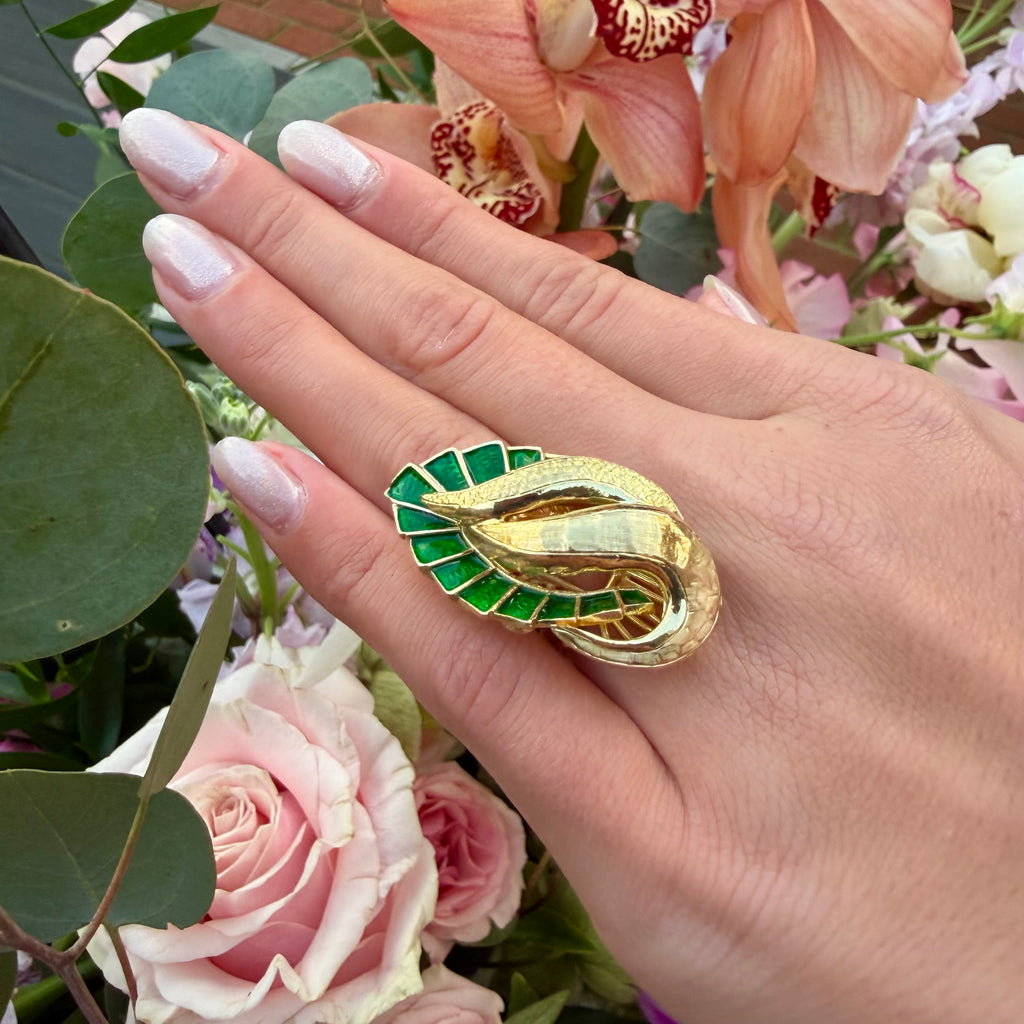 18k Yellow Gold & Green Enamel Ring