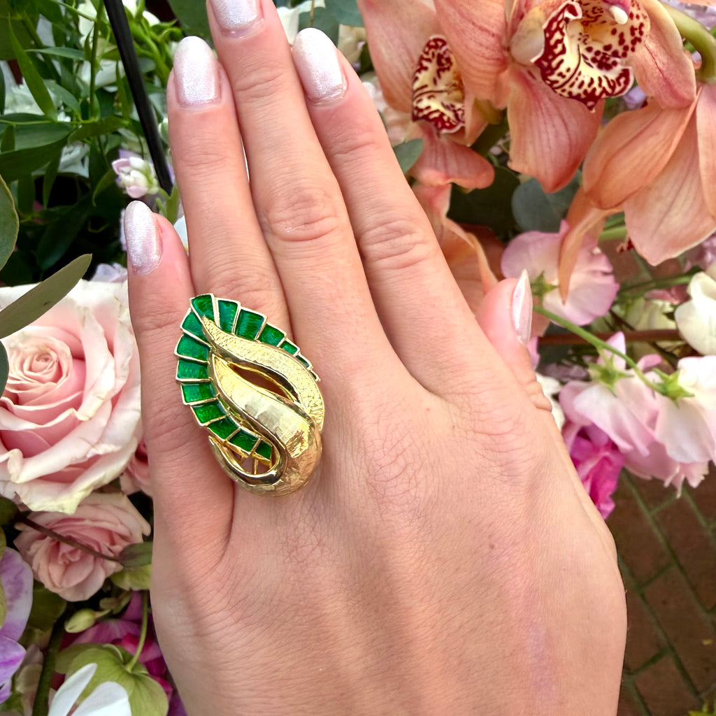 18k Yellow Gold & Green Enamel Ring