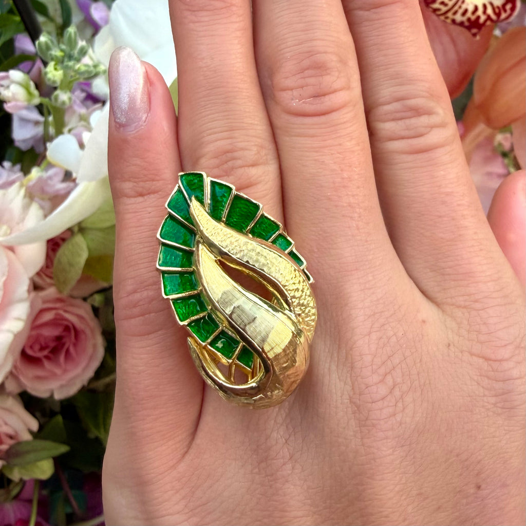 18k Yellow Gold & Green Enamel Ring