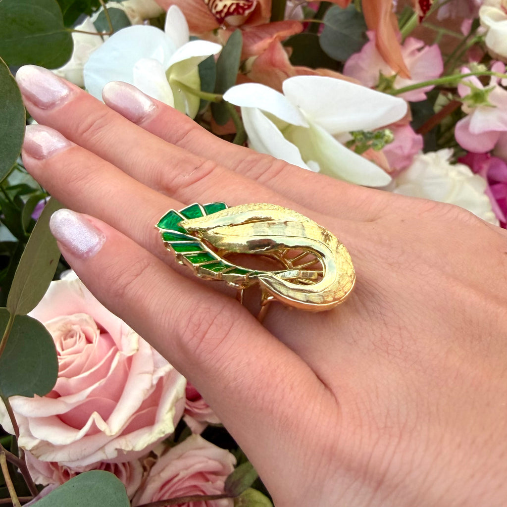 18k Yellow Gold & Green Enamel Ring