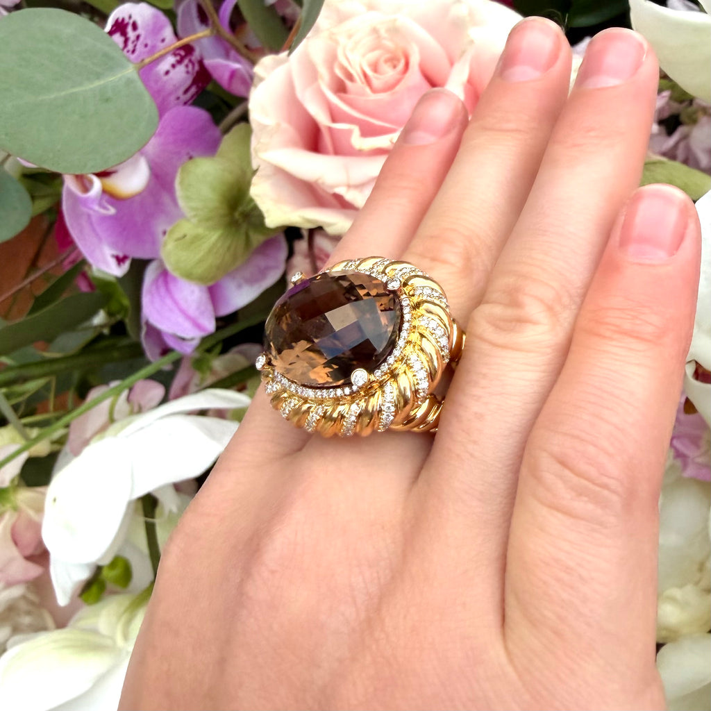 18k Yellow Gold Smokey Quartz & Diamond Ring
