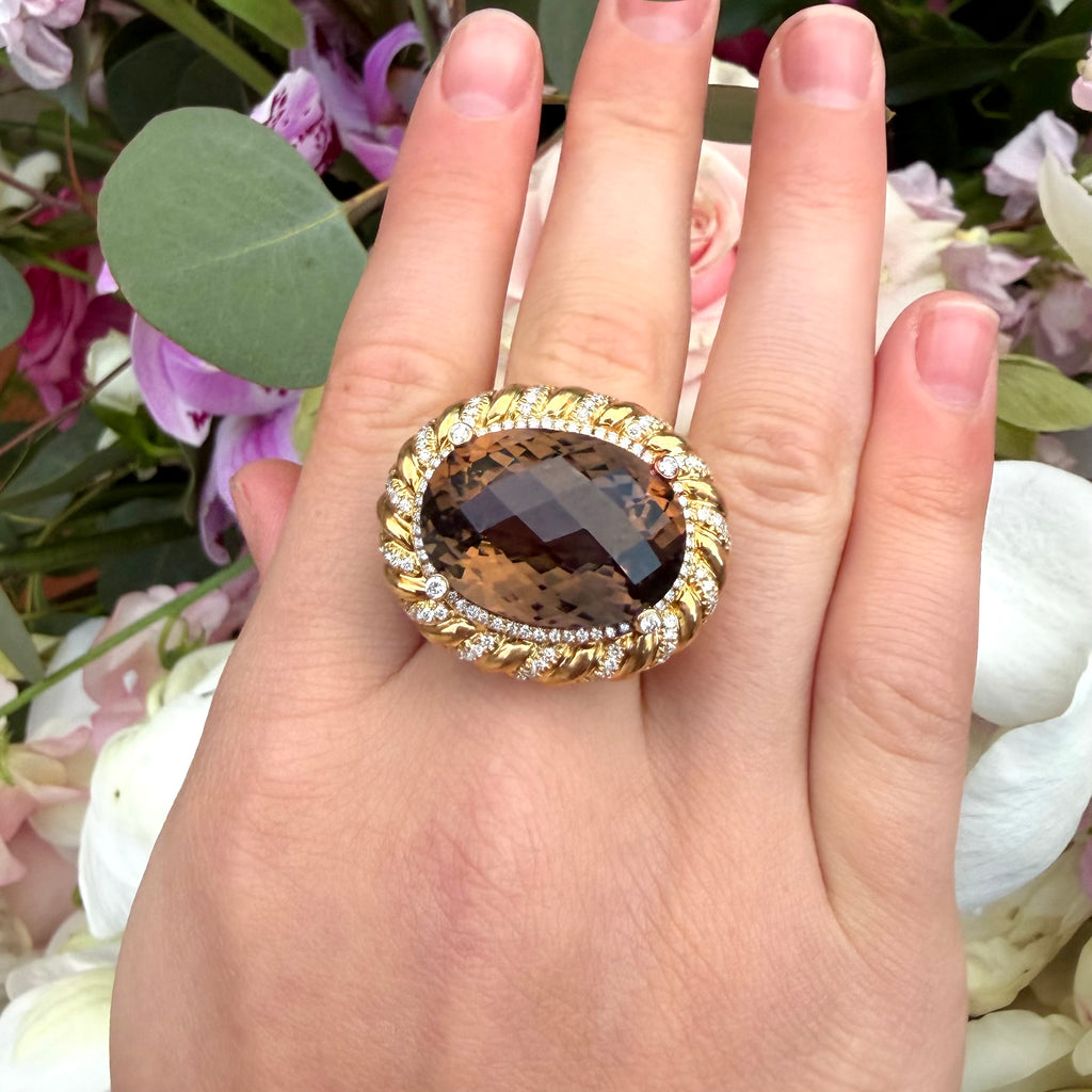 18k Yellow Gold Smokey Quartz & Diamond Ring