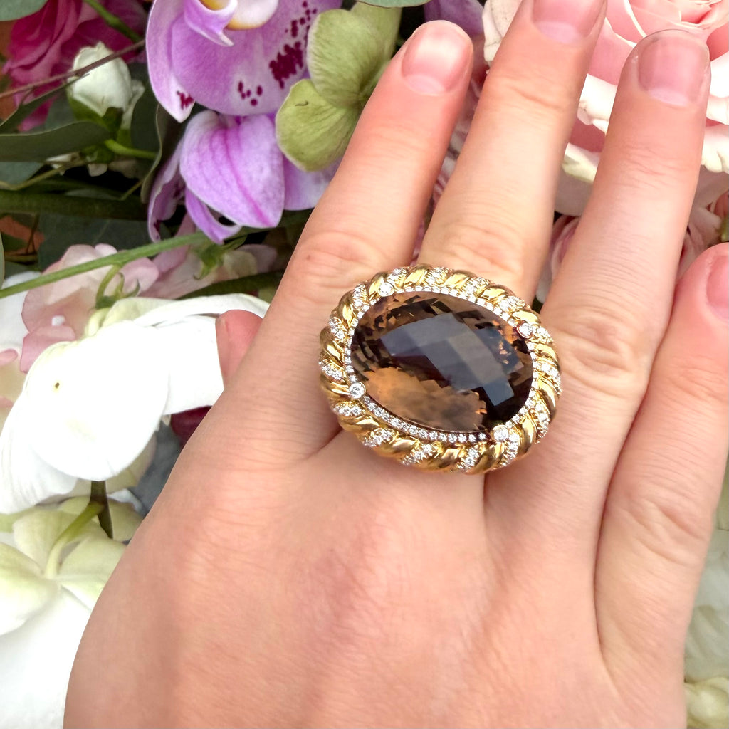 18k Yellow Gold Smokey Quartz & Diamond Ring