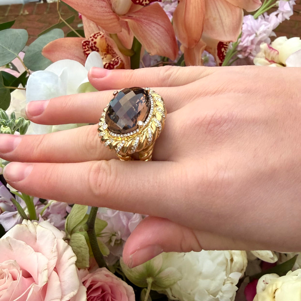 18k Yellow Gold Smokey Quartz & Diamond Ring