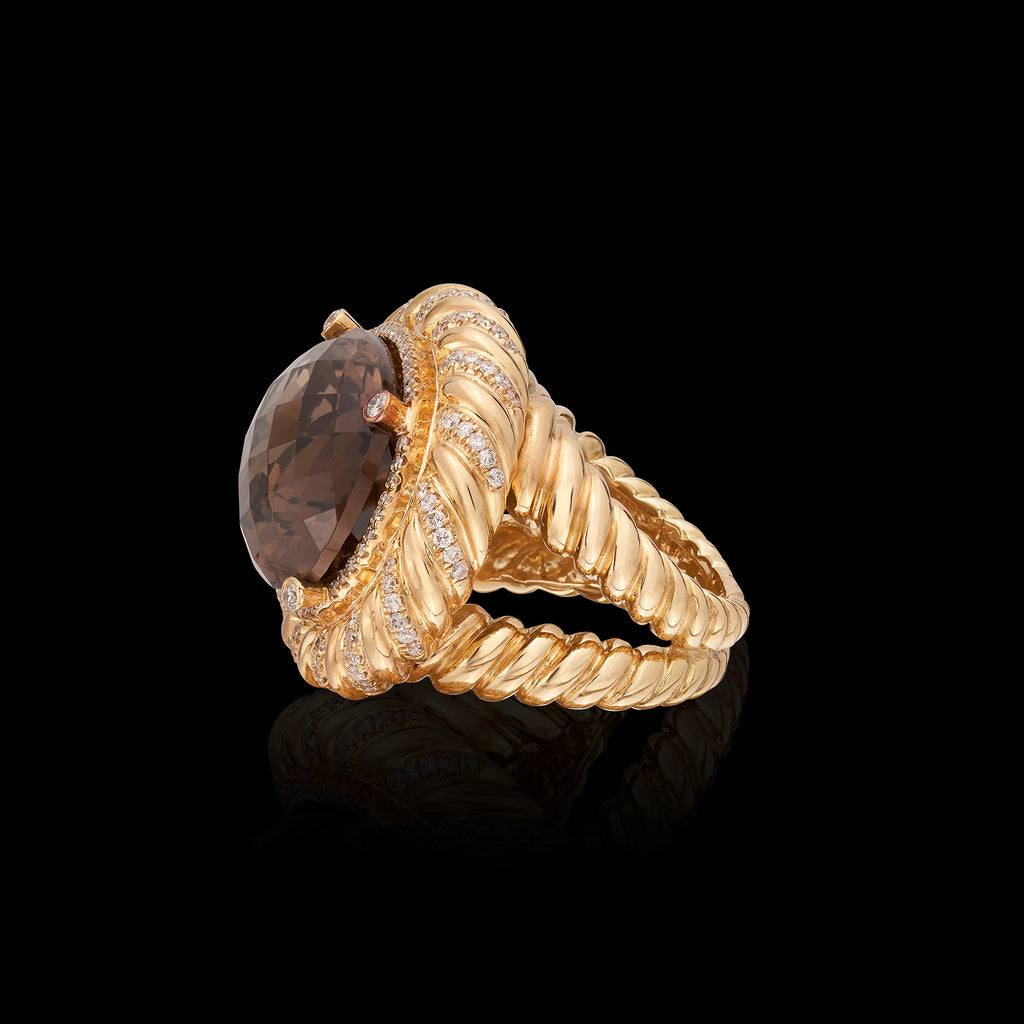 18k Yellow Gold Smokey Quartz & Diamond Ring