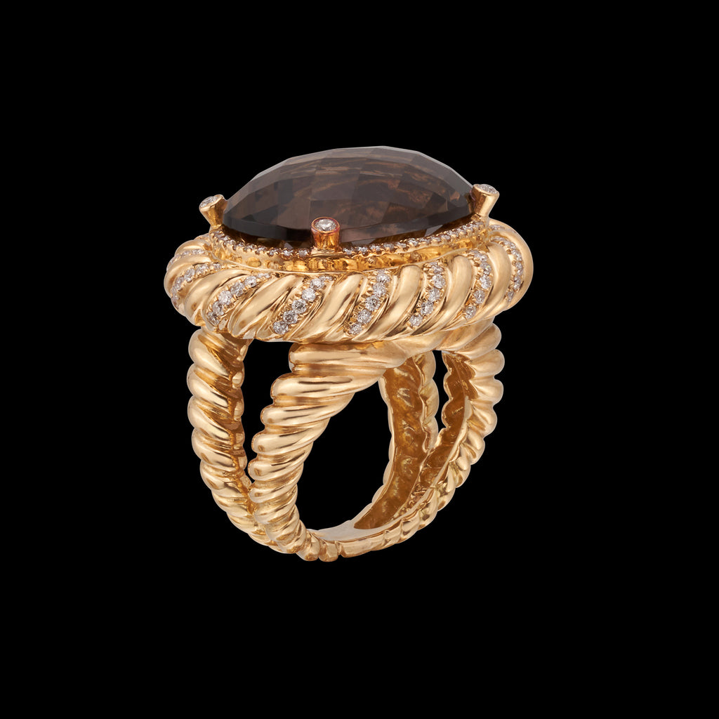 18k Yellow Gold Smokey Quartz & Diamond Ring