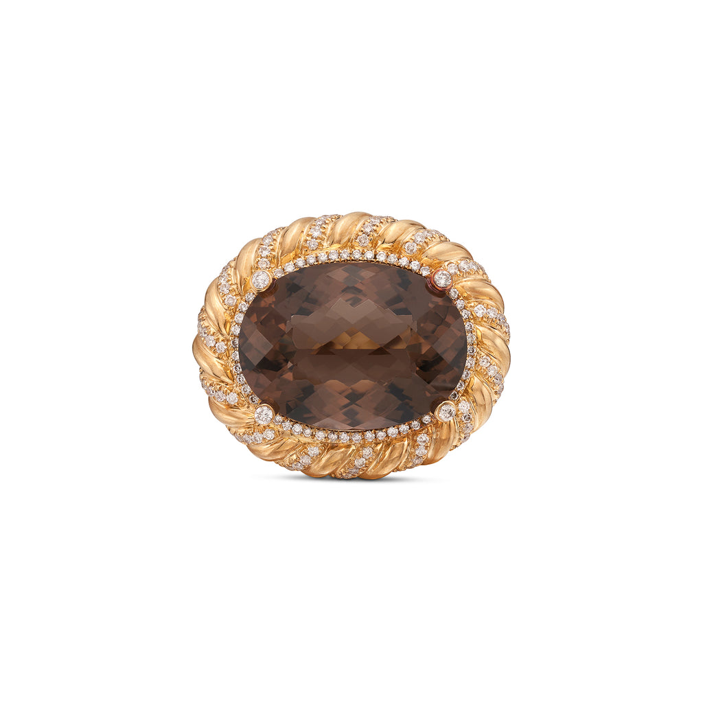 18k Yellow Gold Smokey Quartz & Diamond Ring