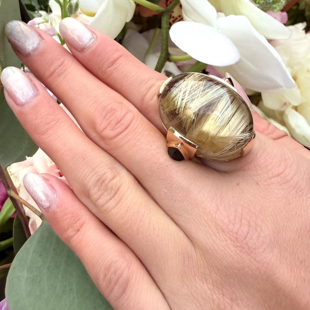 18k Yellow Gold Rutilated Quartz & Onyx Ring